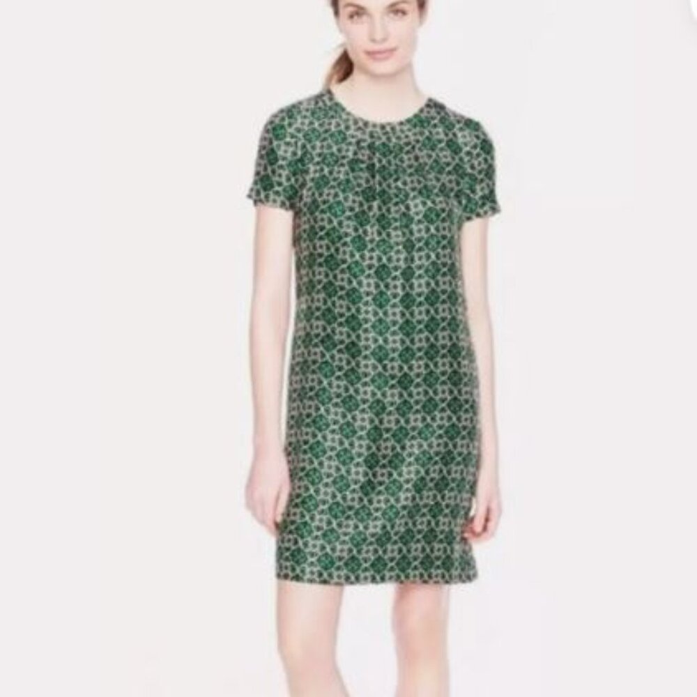 J. Crew 100% Silk Swoop Dress With Latticework Medallion Pattern Size 8 Green